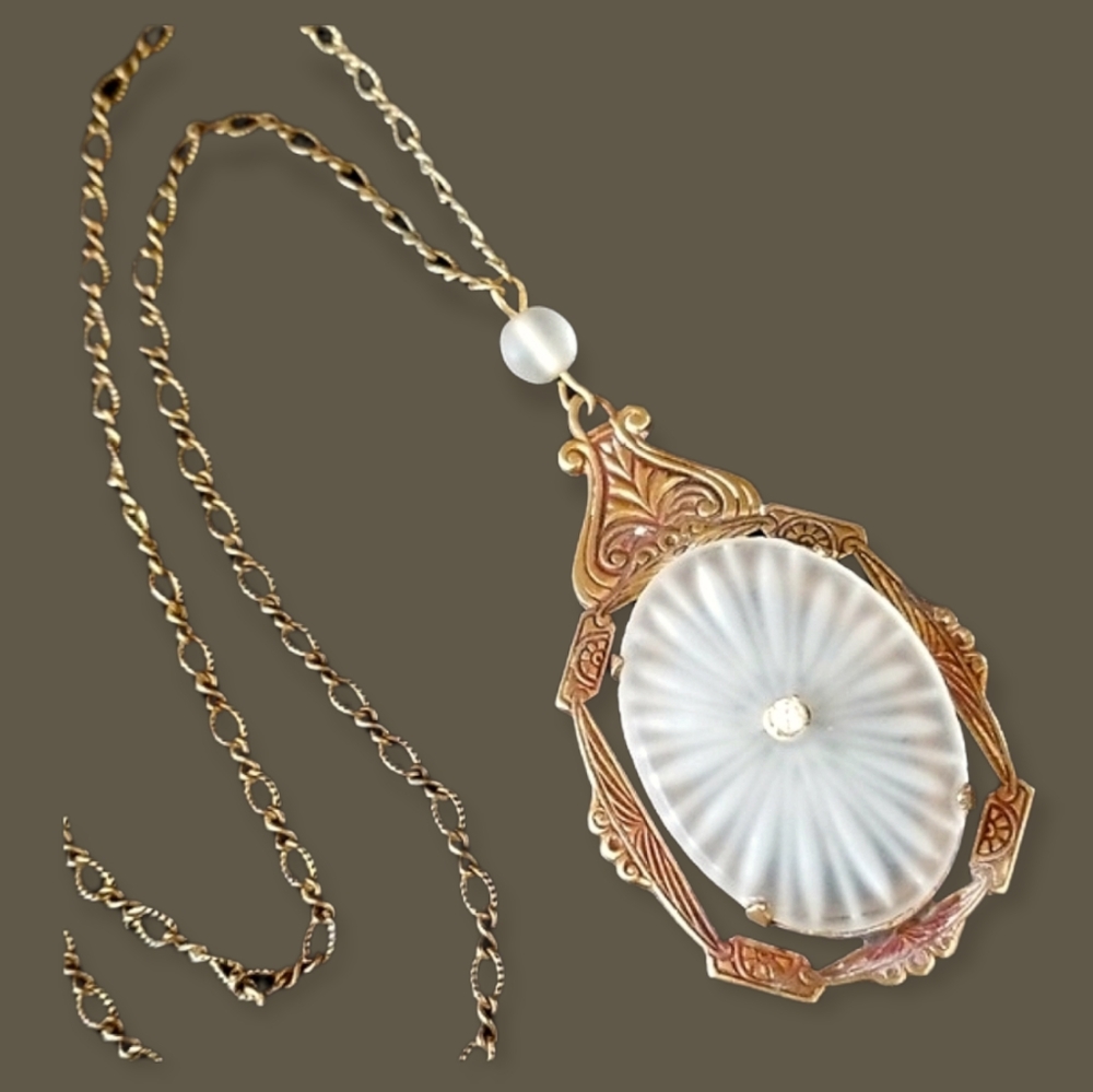 Vintage 1920s Art Deco Antique Camphor Glass Brass Necklace